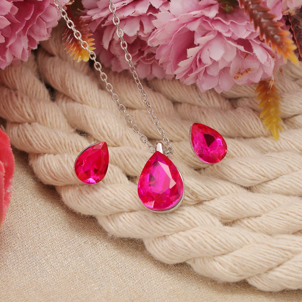 Silver-Plated Hot Pink Crystal Tear Drop Necklace & Earrings set image 0