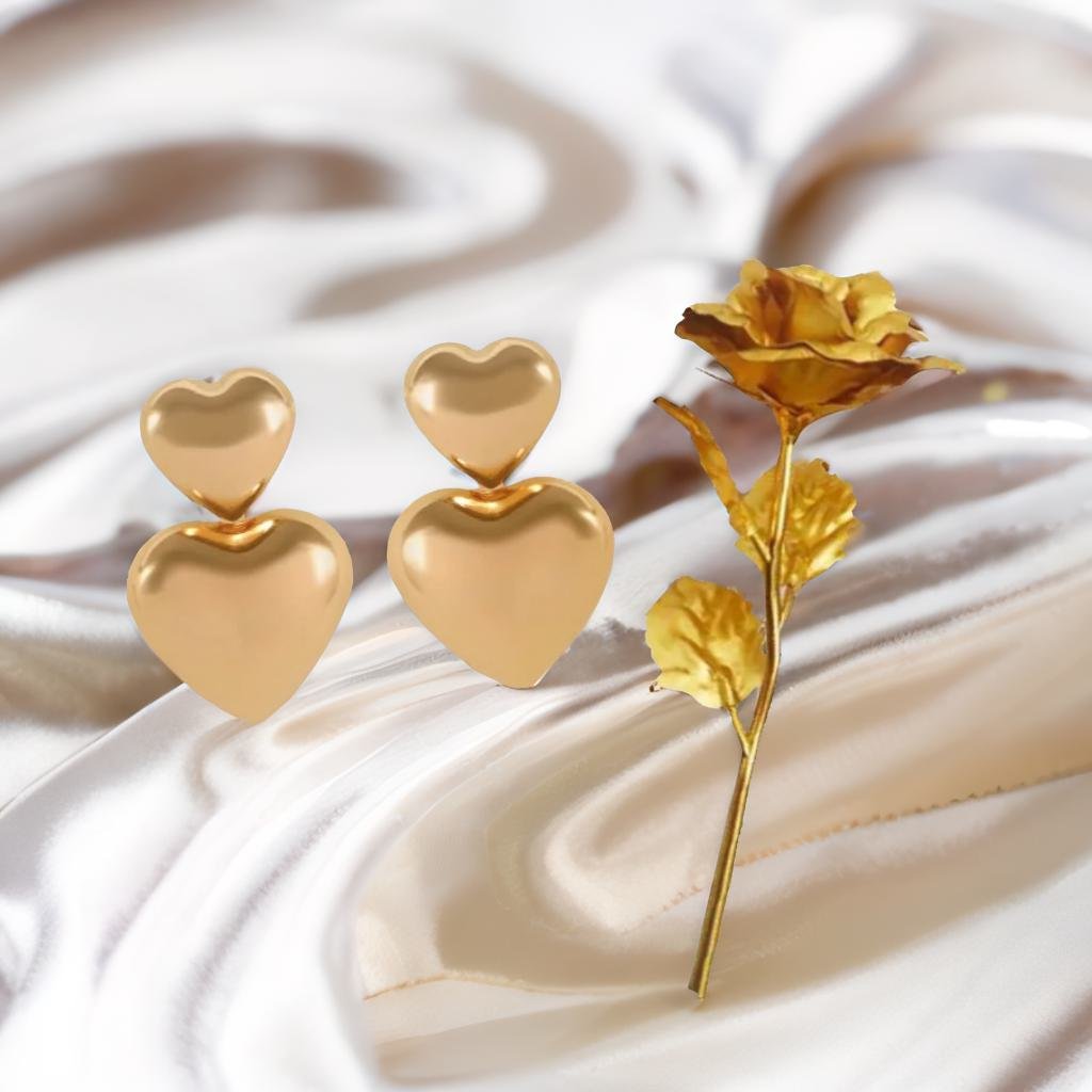 Gold Heart Earrings & Golden Rose Gift Combo Set image 2