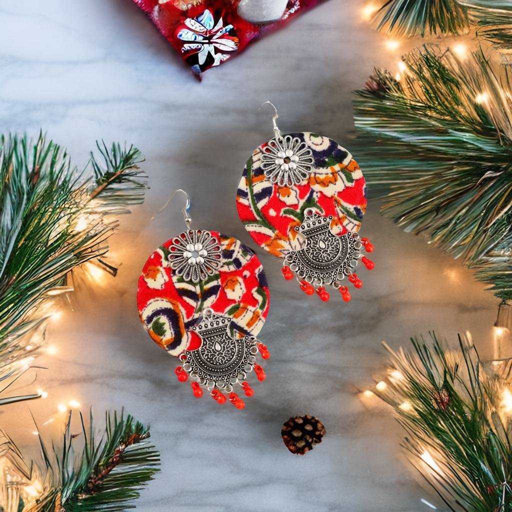 Handmade Red Fabric Madhubani Beaded Dangler Earrings image 3