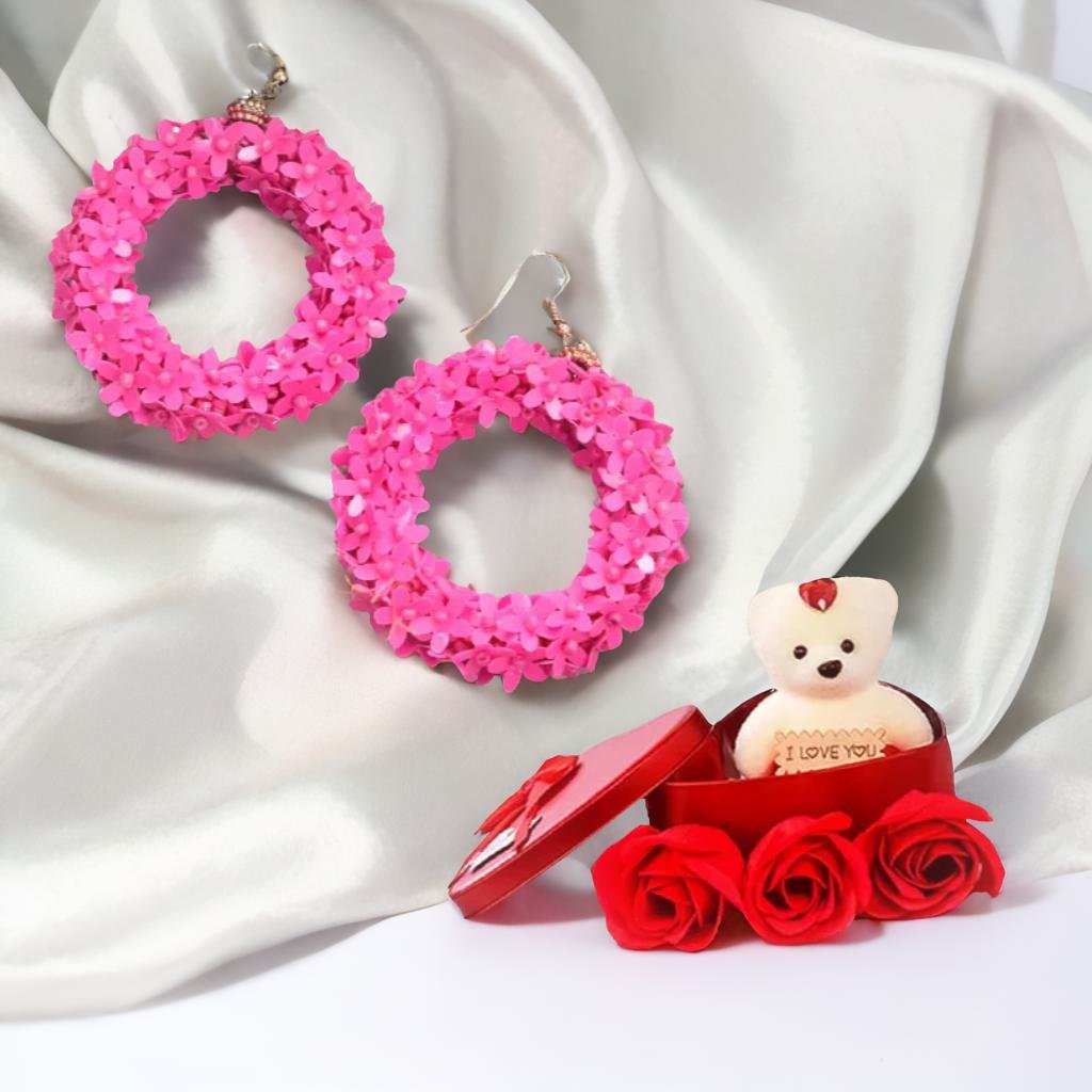 Combo for Women Pink Hoop Earrings & Red Teddy Bear image 1