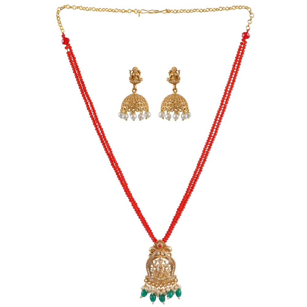 Gold-Plated Ethnic Red Layered Beaded Goddess Lakshmi Necklace Set image 1