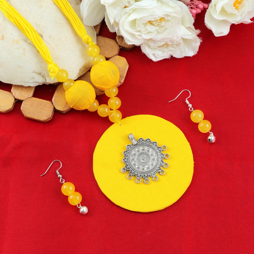 Blossoms Handmade Yellow Fabric Oxidised Silver Pendant Jewellery Set image 2