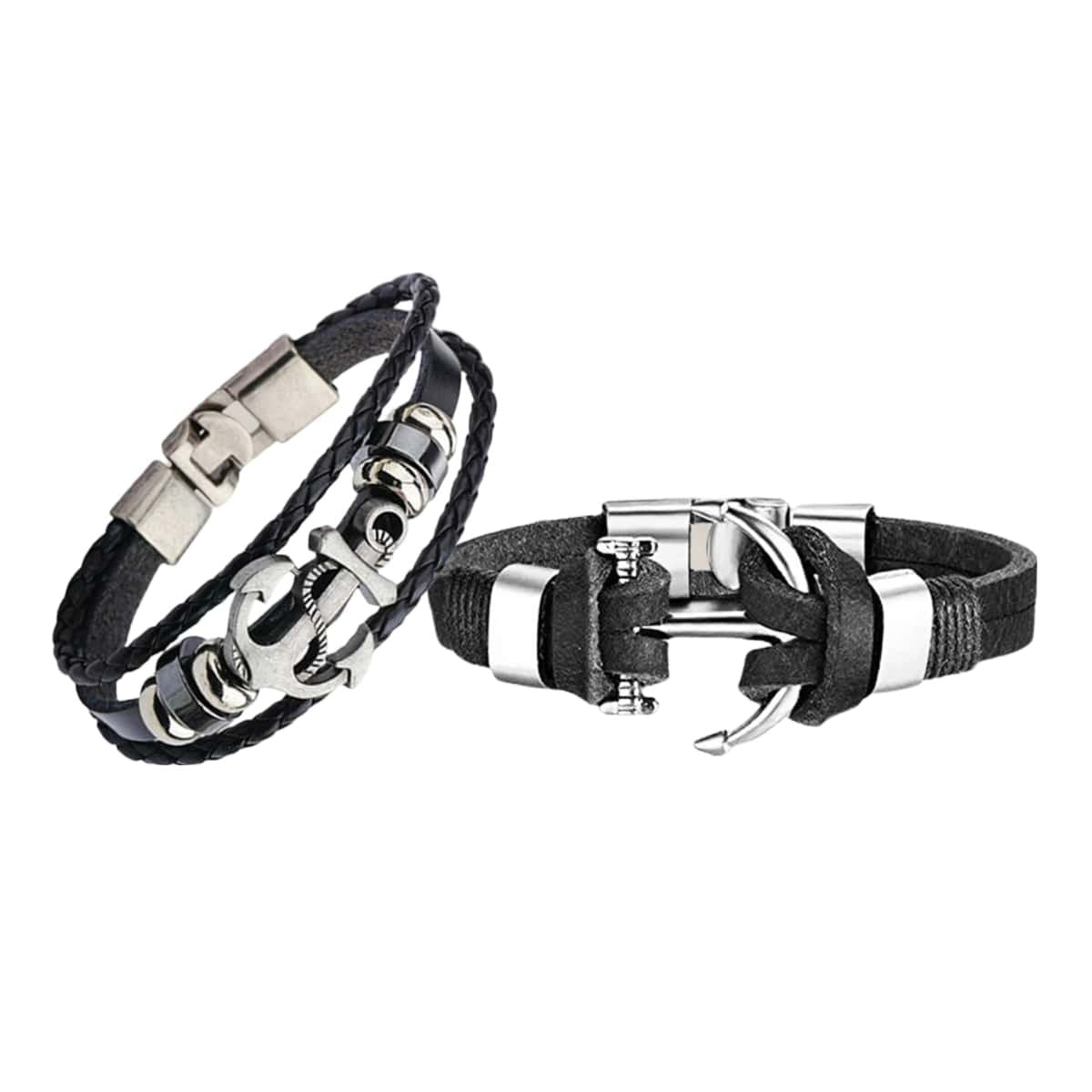 Men's Leather Multistrand Silver-Plated Bracelet Combos (Pack of 2) image 1