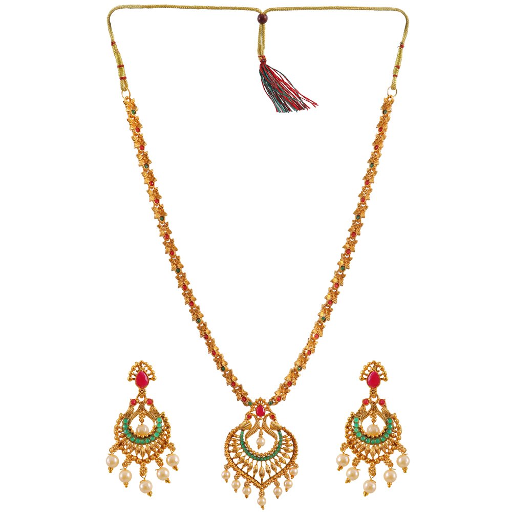 Gold-Plated Red & Green Stone Long Necklace Set image 1