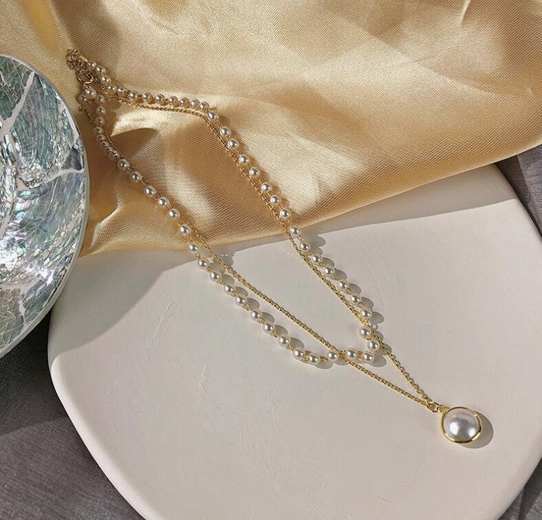 Gold-Plated Pearl Studded Long Pendant Necklace image 0