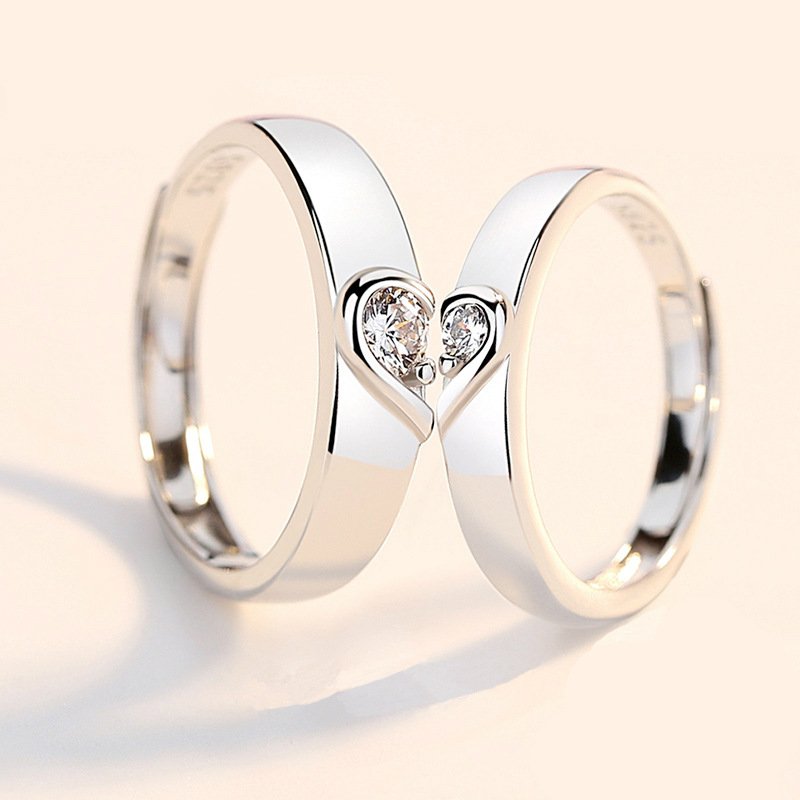 Contemporary Crystal Heart Couple Ring Set image 0