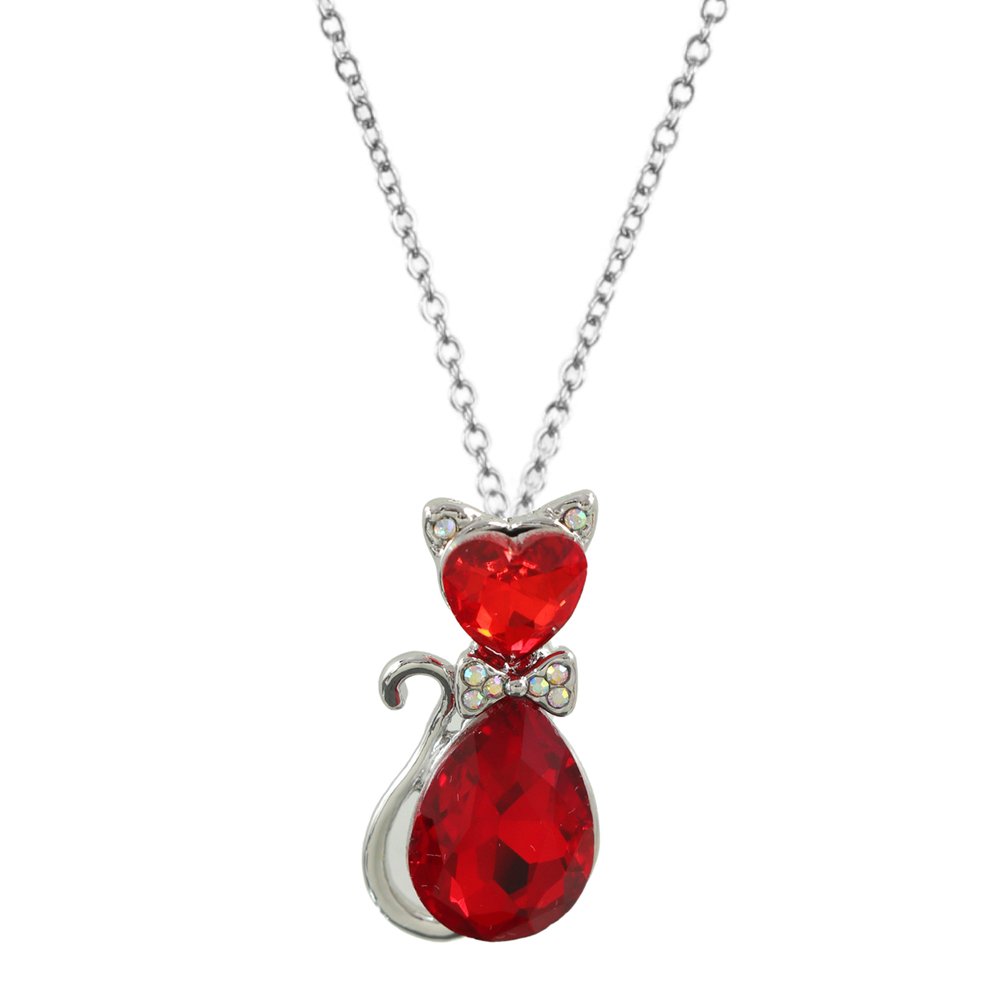 Silver-Plated Red Crystal Cat Pendant Necklace image 1