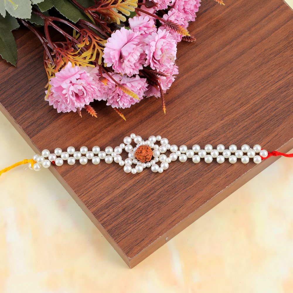 Handcrafted Pearl & Rudraksh Rakhi-Bracelet image 0