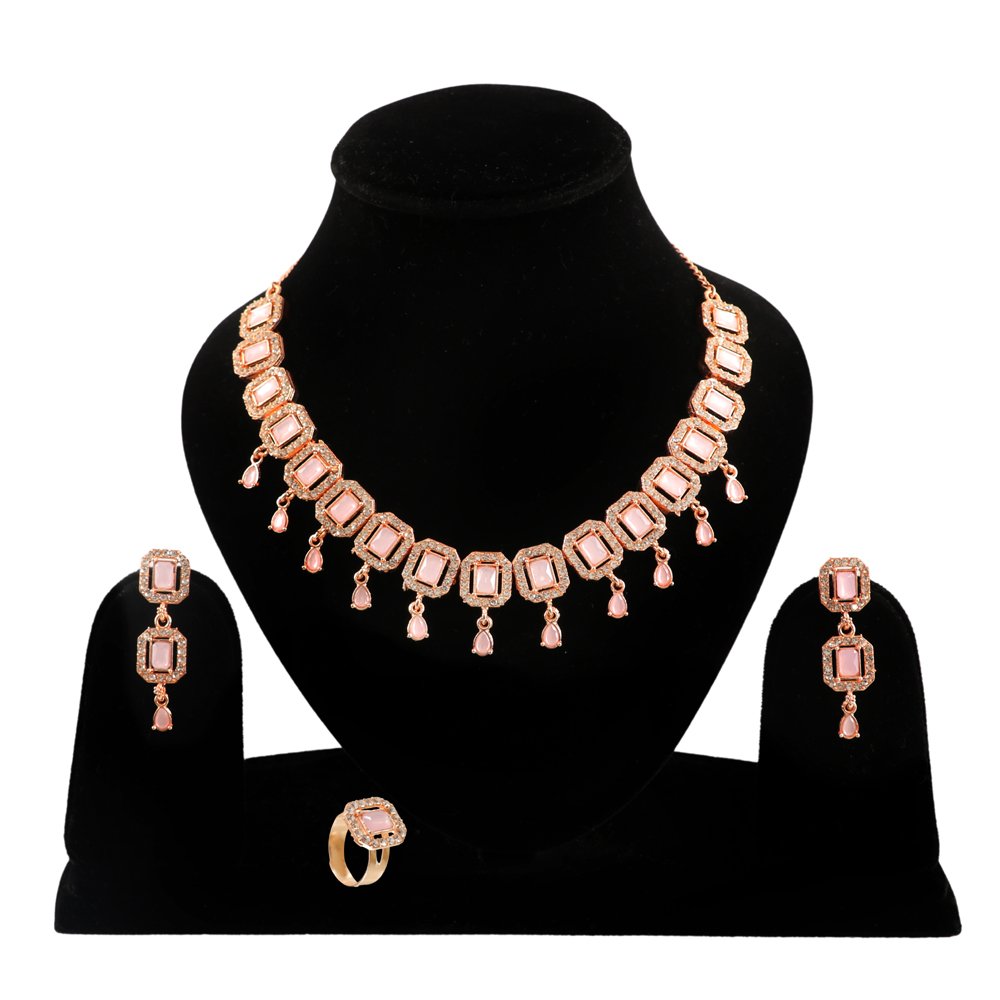 Rose Gold American Diamond A/D Pastel Pink Crystal Studded Sleek Choker Jewellery Set With Ring image 3