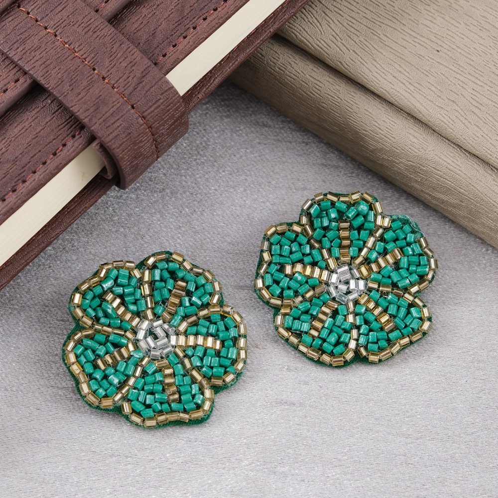 Handmade Green Floral-Beaded Stud Earrings For Women/Girl's image 3