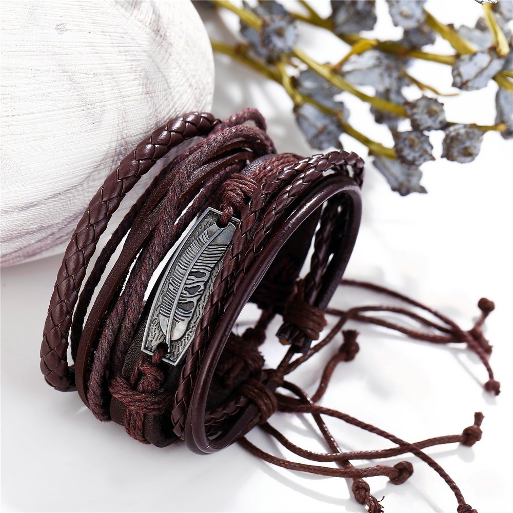 Bohemian Men's Oxidized Silver Feather Multistring Wrap Bracelet image 1