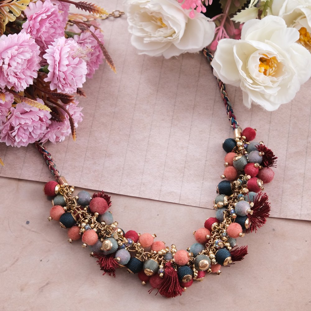 Handcrafted Bohemian Gold-Plated Multicolor Thread Balls Necklace image 0