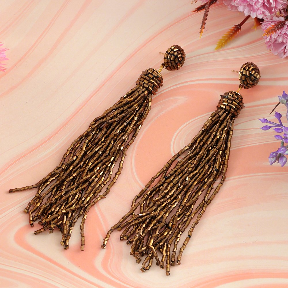 Brown Beaded Tassel Earrings image 3