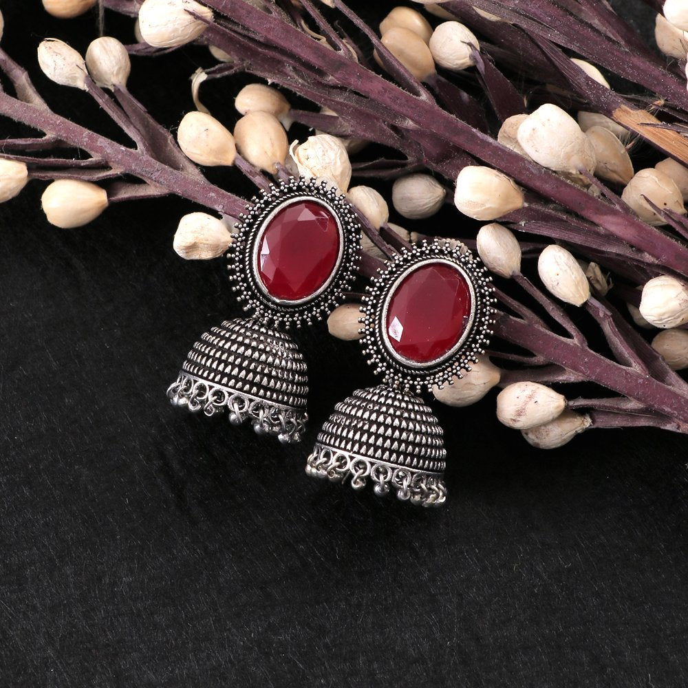 Oxidised Silver Red Stone Dome Jhumka/Jhumki Earrings image 1