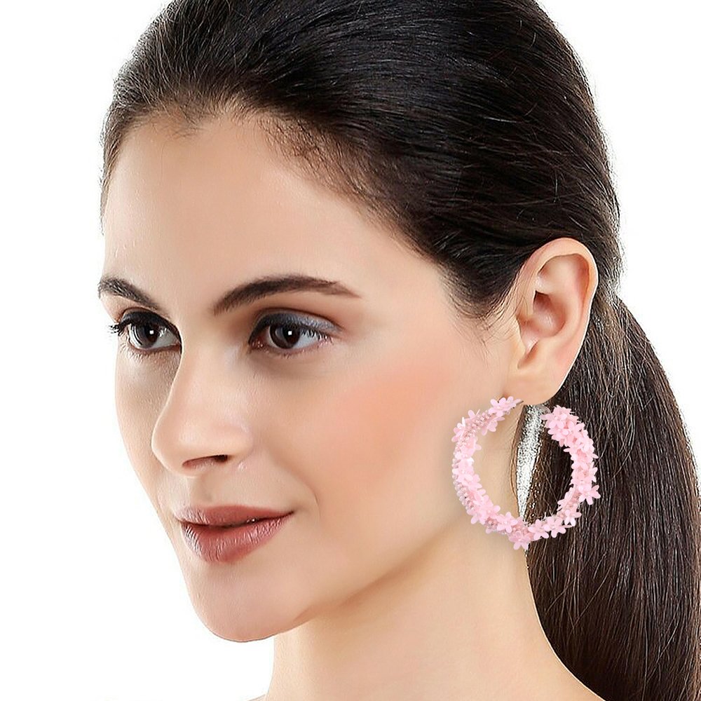 Handcrafted Pink Floral Beaded Hoop Earrings image 2