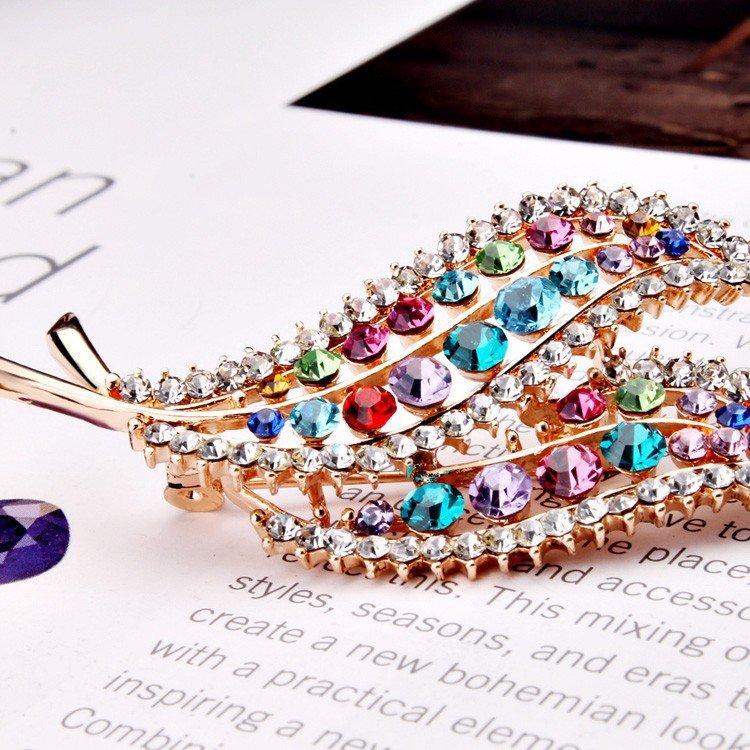 Gold-Plated Multicolor Crystal Leaf Shape Brooch For Women/Girl's image 2