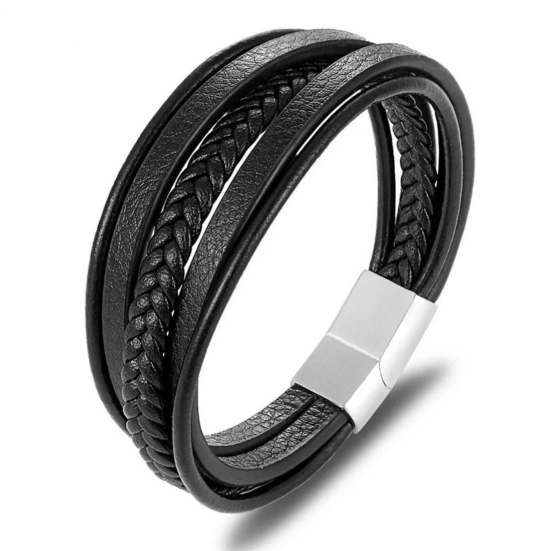 Black Braided Leather Bracelet with Stainless Steel Button Closure image 3