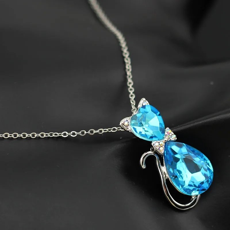Silver-Tone Blue Crystal Kitty Teardrop Cat Chain Pendant Necklace for Women/Girls image 1
