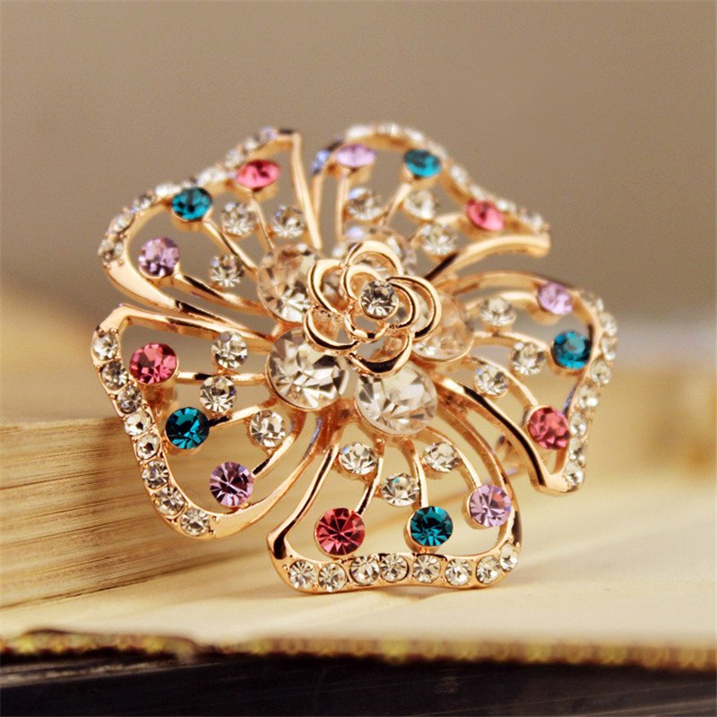 Gold-Plated Multicolor Crystal Studd Floral Brooch image 0
