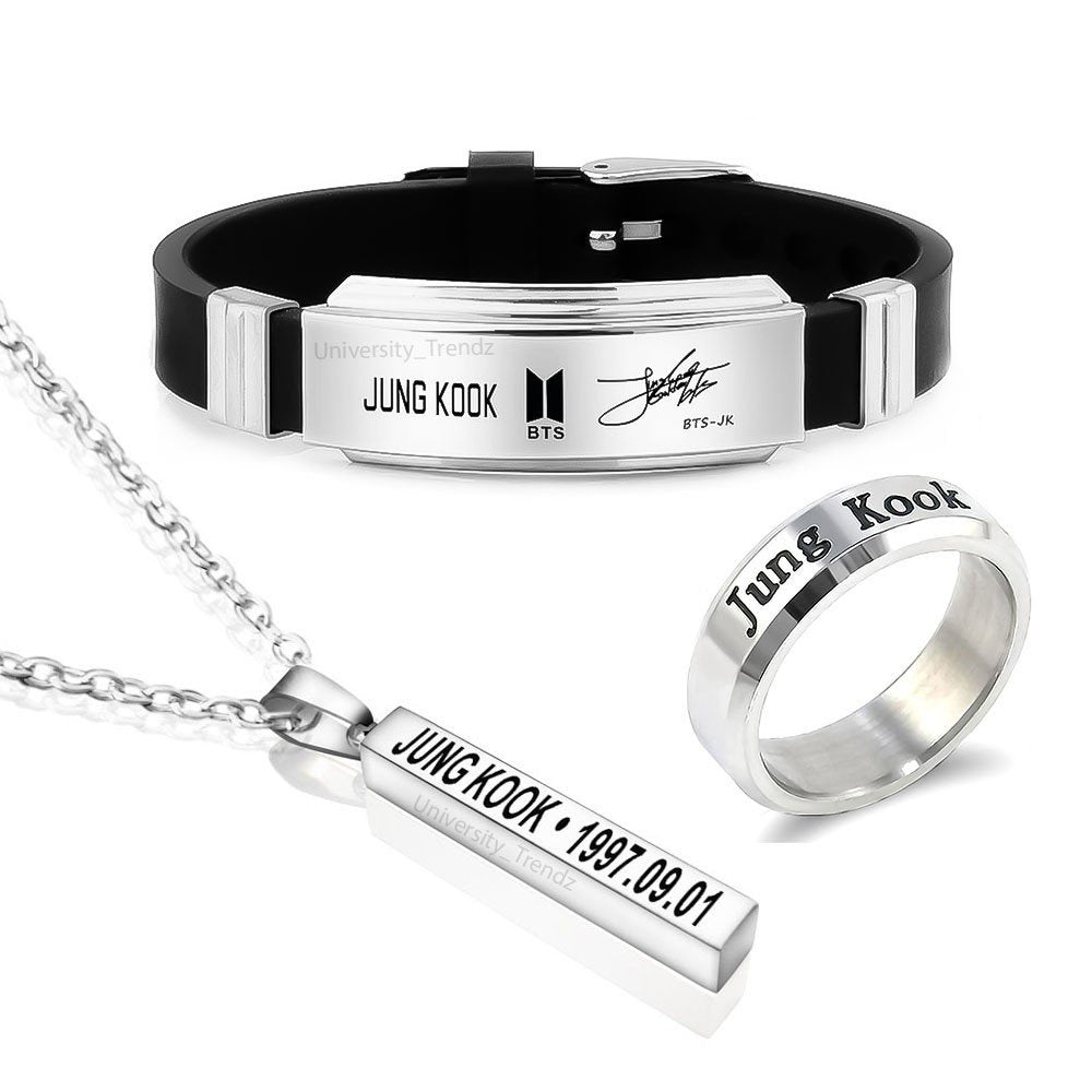 BTS Jung Kook Tri Combo Pack of BTS Bracelet, Silver Ring and Pendant image 0