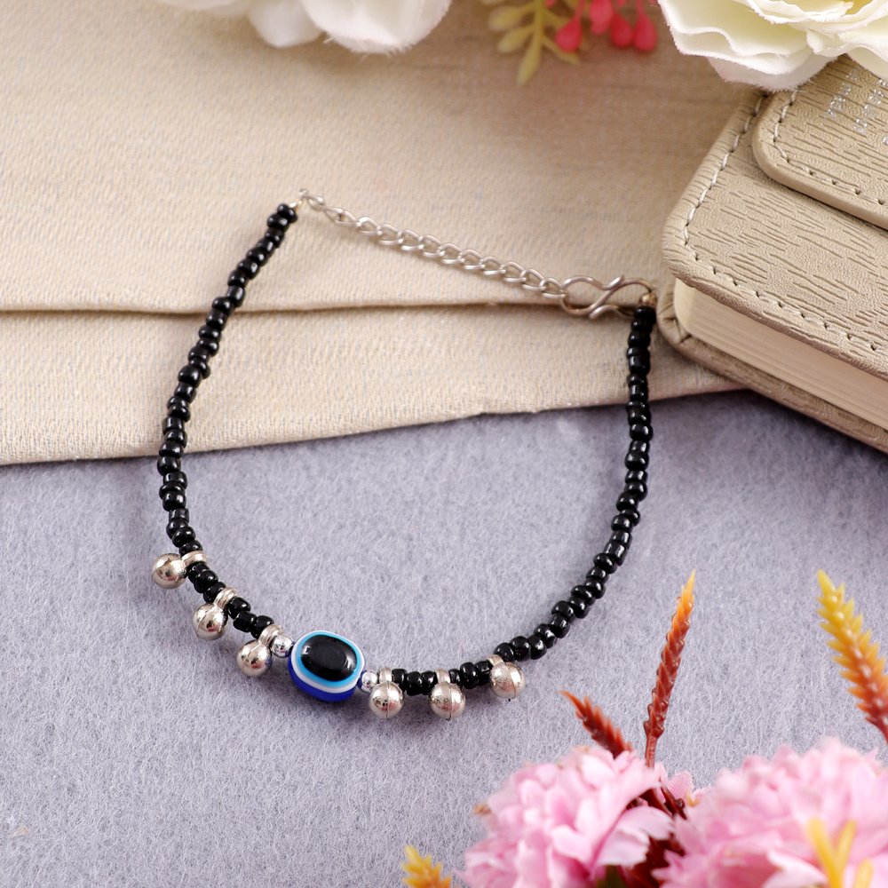 Silver-Plated Black Beaded Anklet For Women & Girls image 2