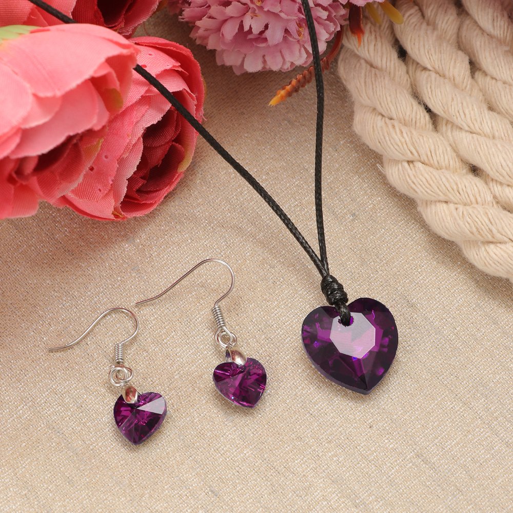 Purple Crystal Heart Pendant Necklace and Earrings Set image 0