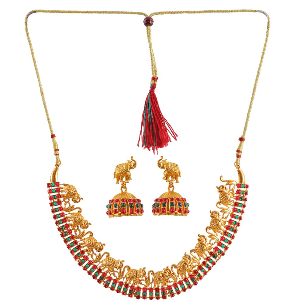 Gold-Plated Red & Green Stone Elephant Choker Jewellery Set image 1