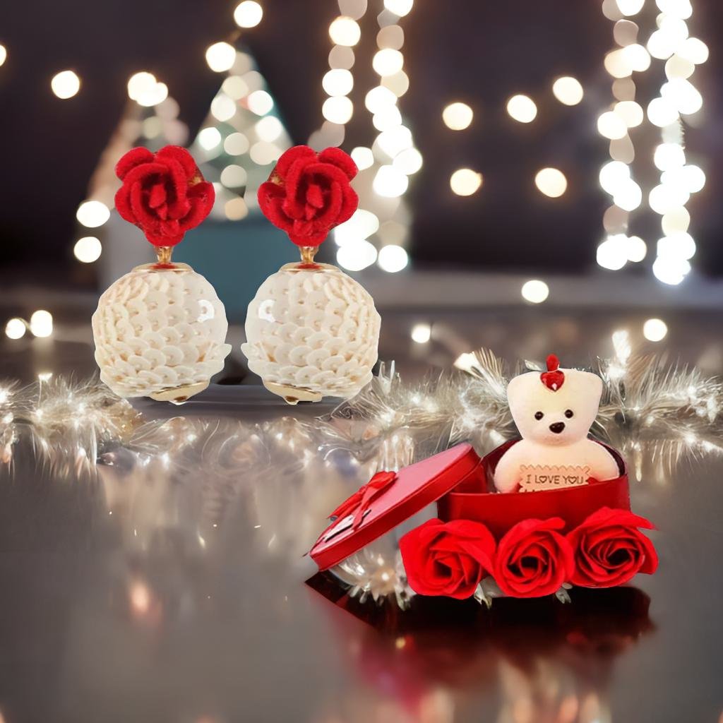 Red Rose Dangle Earrings & Red Teddy Bear Combo Gift Set image 0