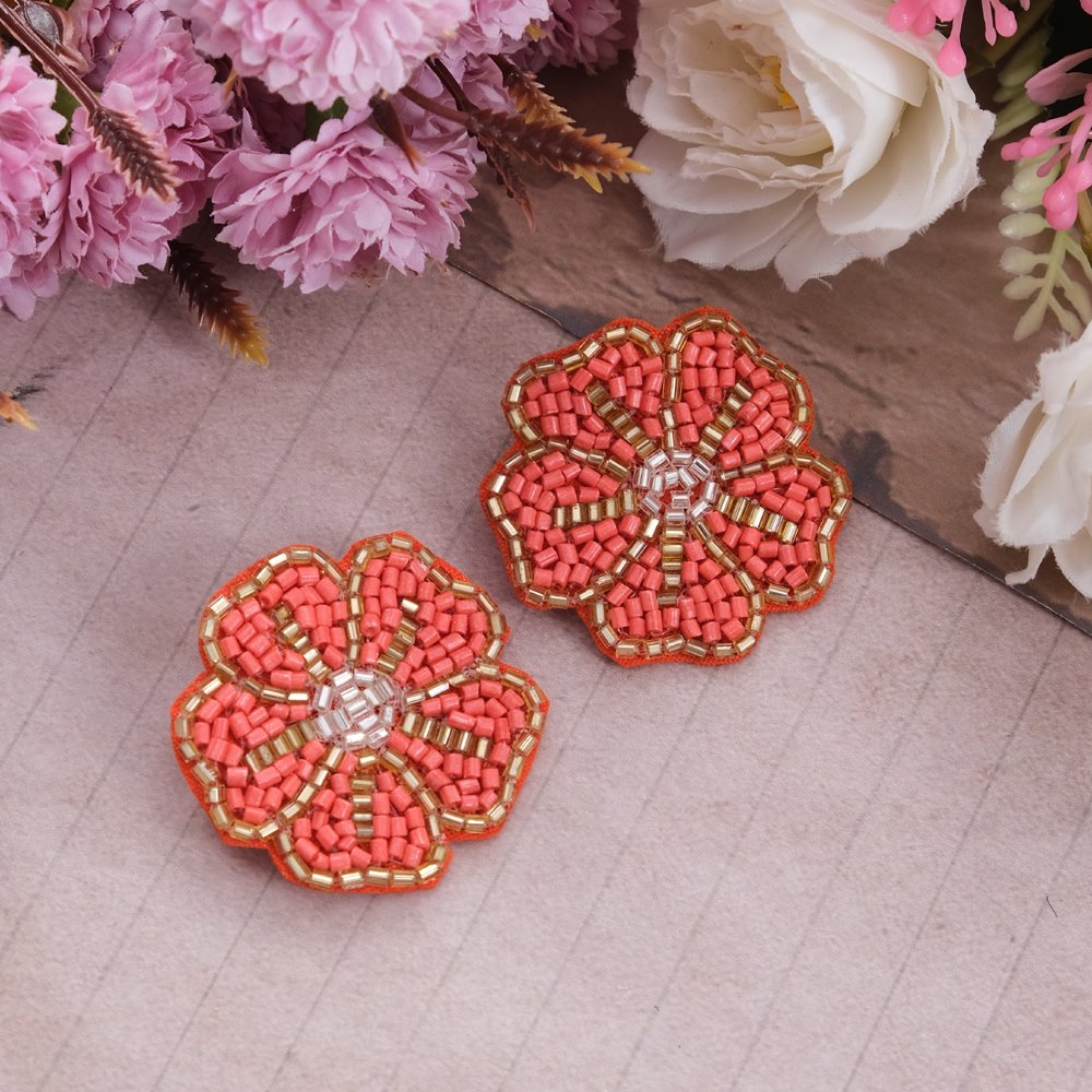 Handmade Orange Floral-Beaded Stud Earrings For Women/Girl's image 0