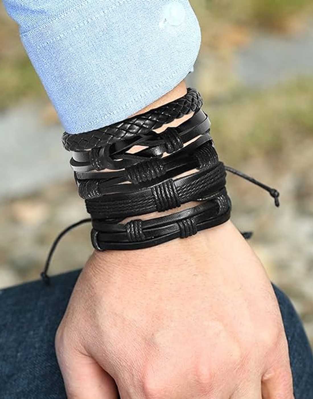 Black Leather Beaded Cuff Bracelets (Set of 6) image 3