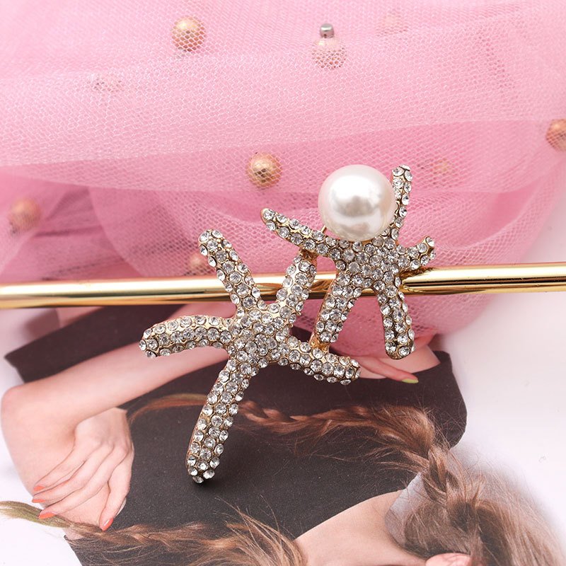 Gold-Plated Crystal/Pearl Dual Star Fish Brooch image 3