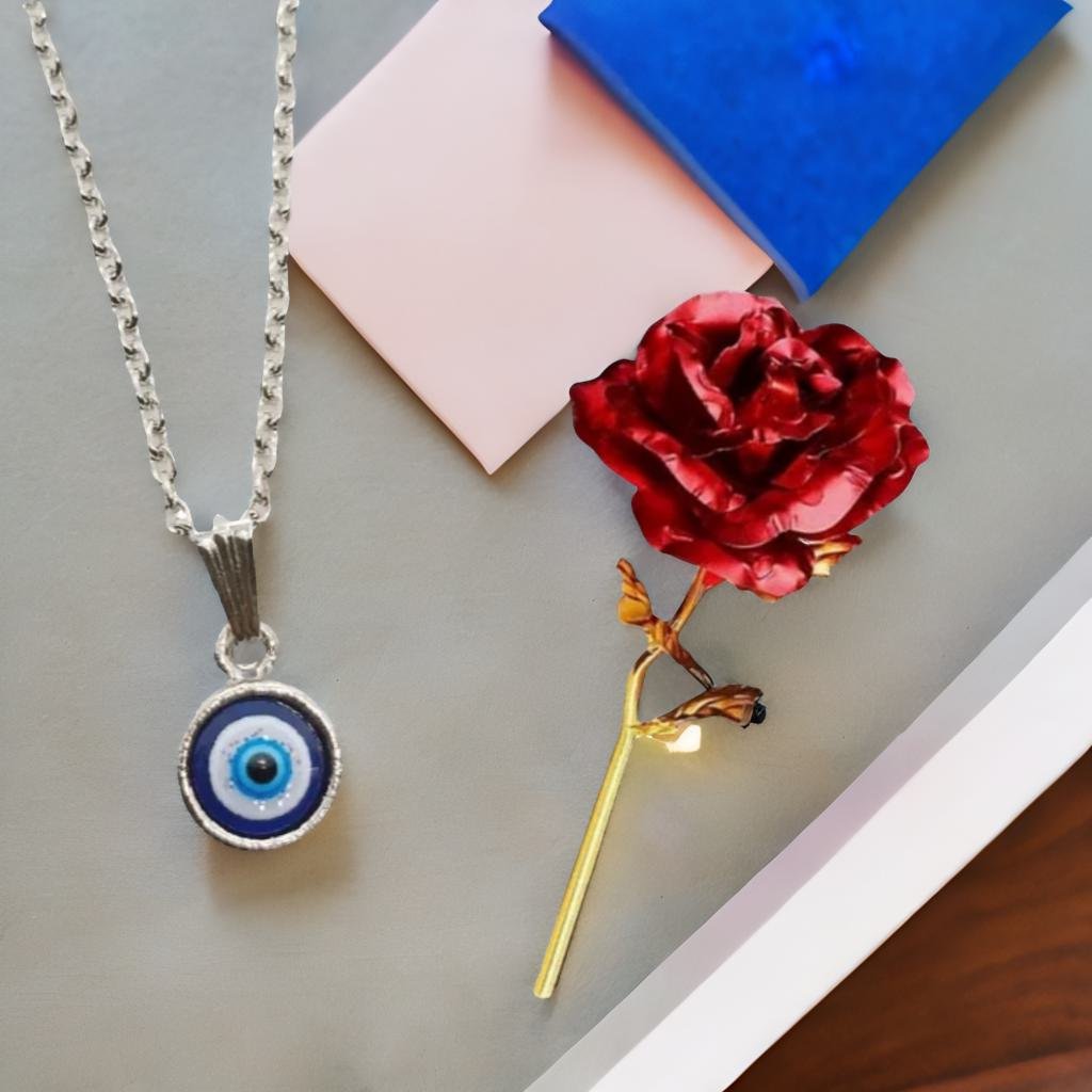 Evil Eye Pendant Chain & Red Rose Combo Set image 2