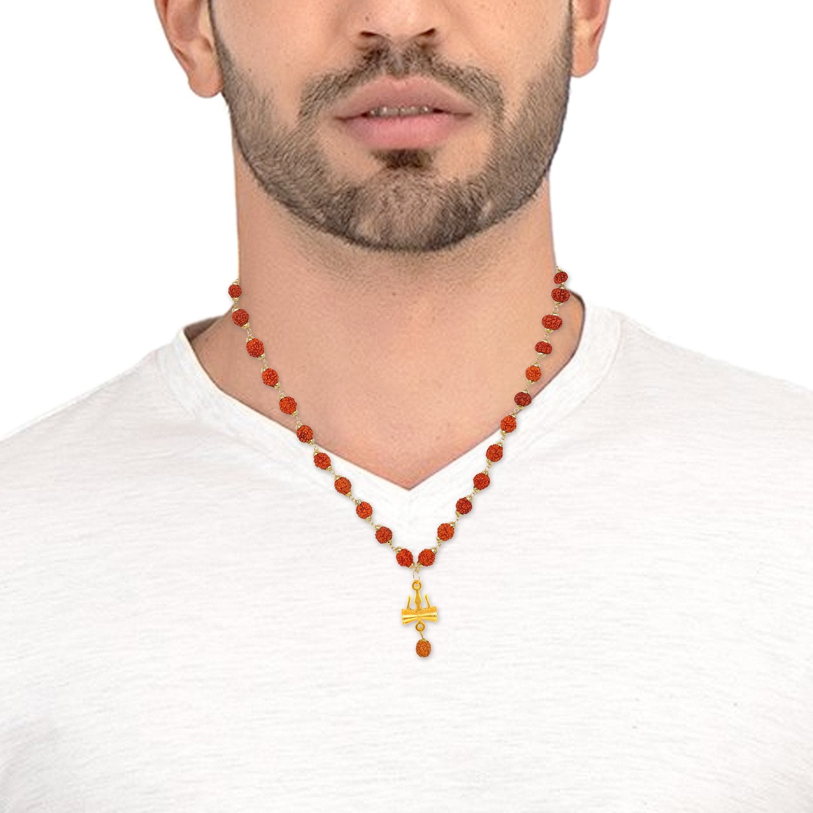 Men's Gold-Plated Rudraksh Trishul Pendant Necklace & OM Golden Ring Combo Set image 5