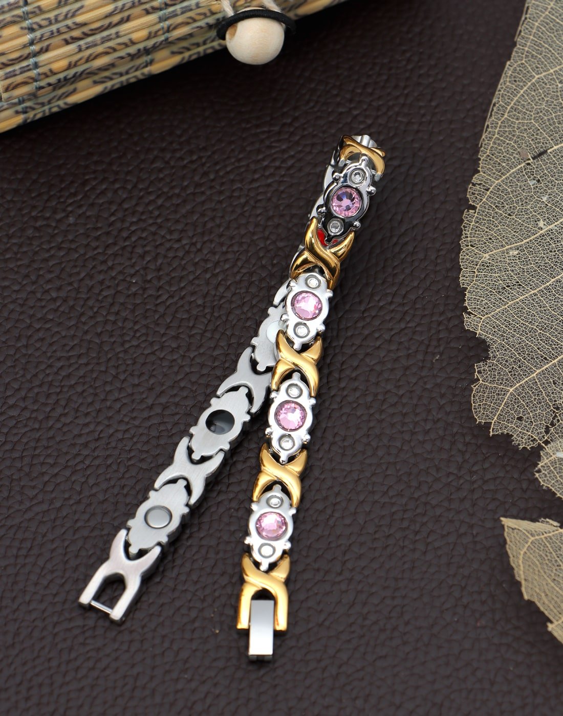 Stainless Steel Bio Magnetic Bracelet with Pink Crystal image 0