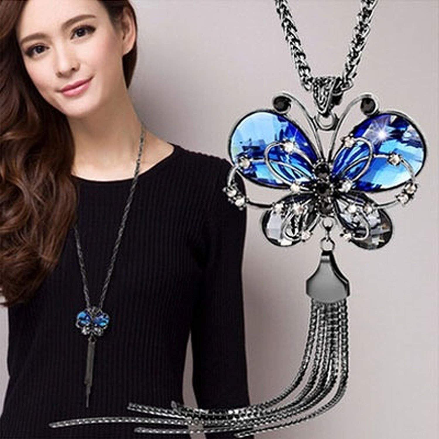 Silver-Plated Blue Crystal Stud Long Tassel Butterfly Pendant Necklace image 2