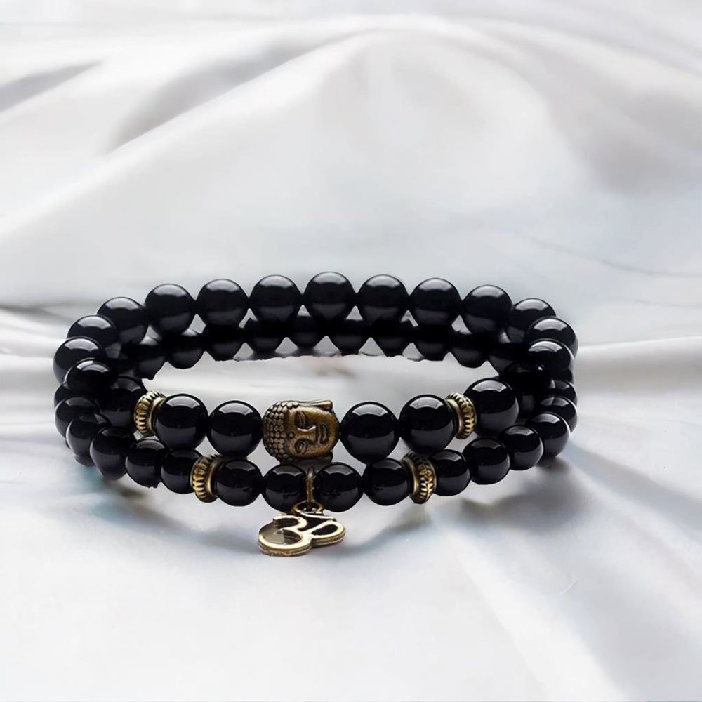 2PCs Glossy Black Beads OM Buddha Onyx Bracelet for Men & Women image 0