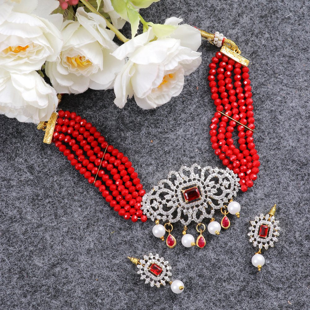 Women's Gold-Plated Red AD-Studded Beaded Multilayer Choker Jewellery Set image 0