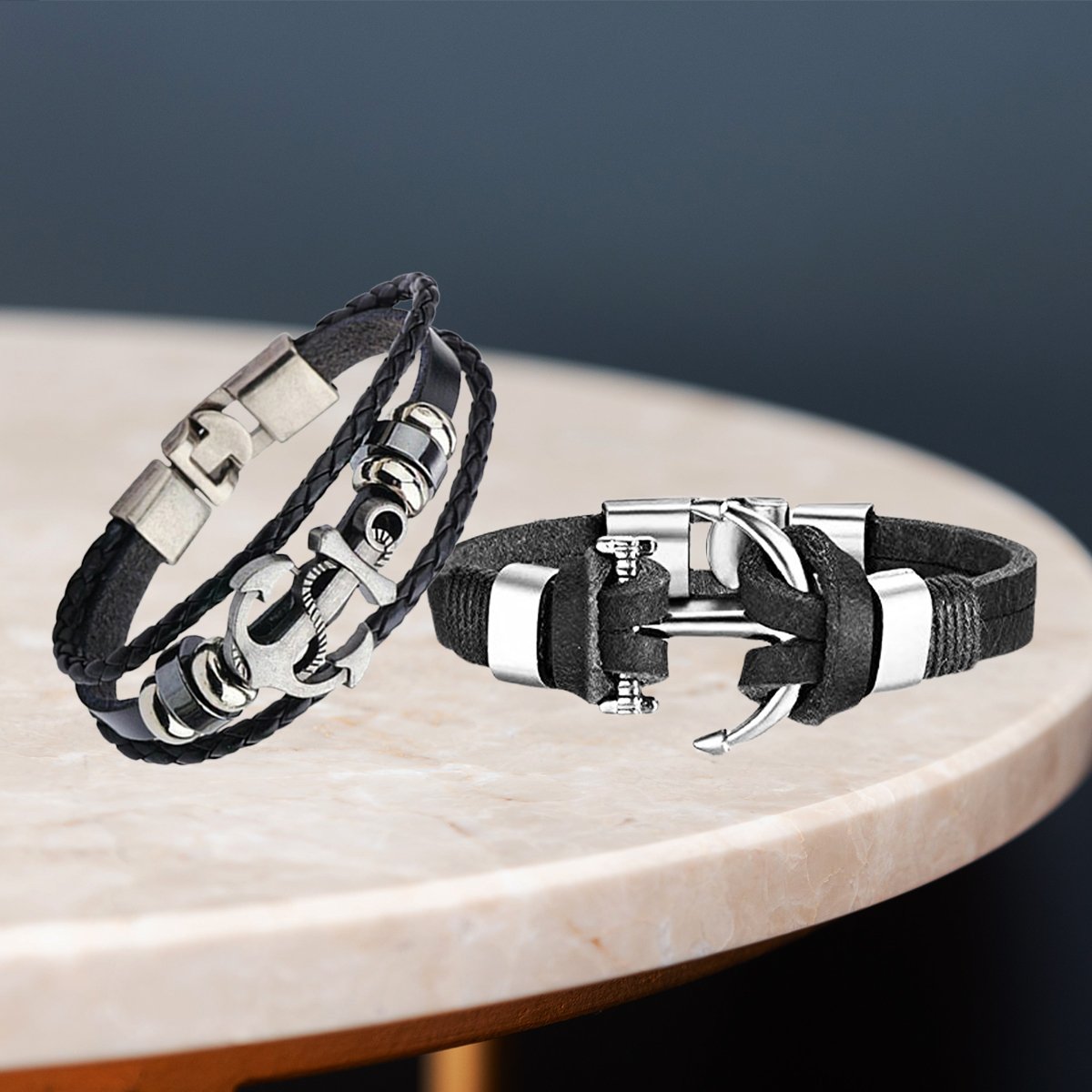 Men's Leather Multistrand Silver-Plated Bracelet Combos (Pack of 2) image 0