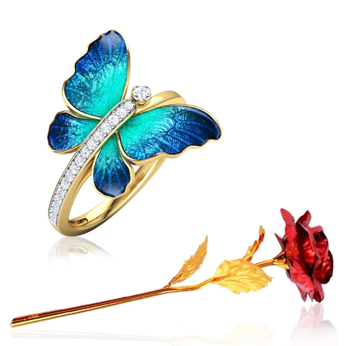 Valentine's Day Gift Set Butterfly Ring & Red Rose Combo image 1
