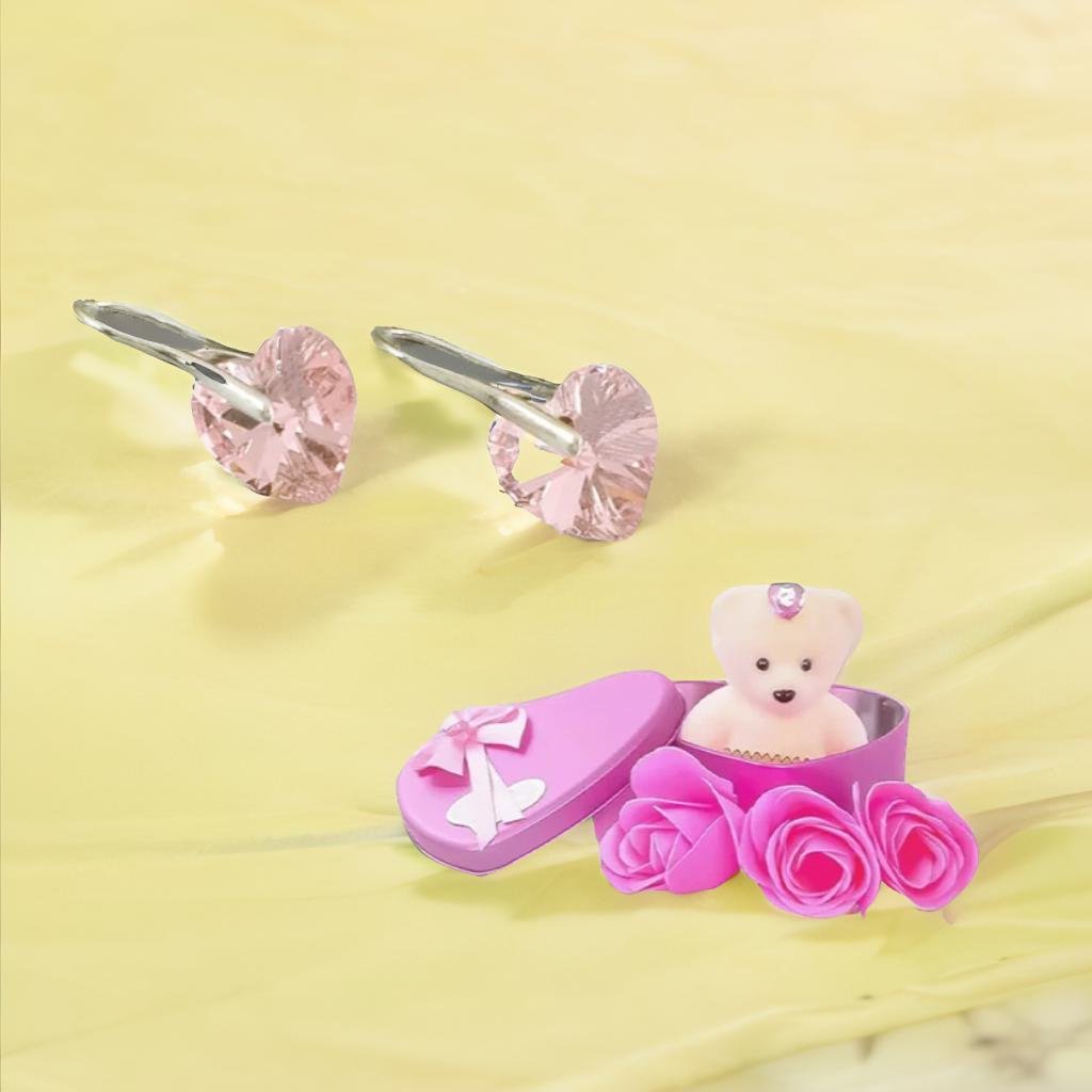 Pink Heart Stud Drop Earrings With Pink Teddy Bear Gift Combo Set image 2