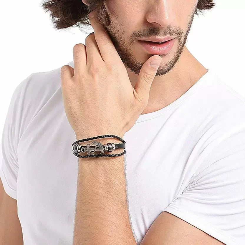 Oxidised Silver Anchor Black Adjustable Wrist Bracelet for Men image 1