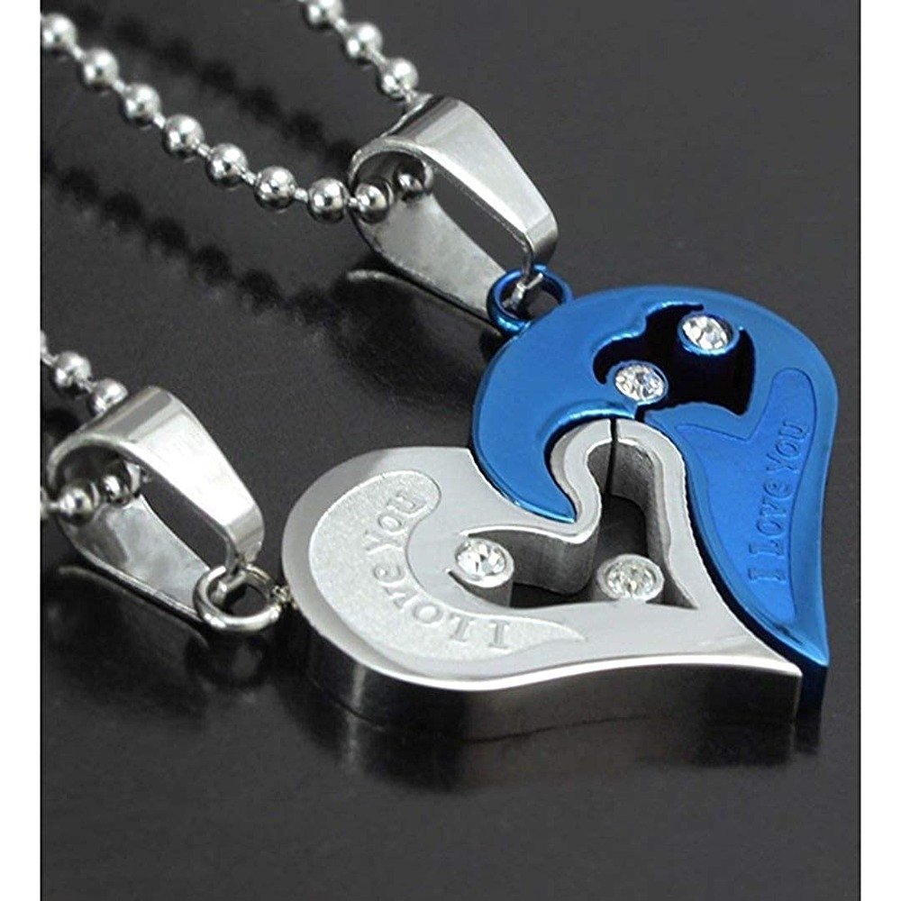 Dual-Tone Blue Heart Locket Couple Double Chain Pendant Necklace for Men/Women image 2