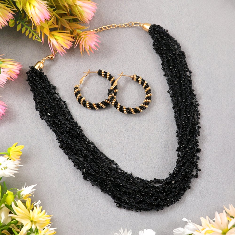 Handcrafted Black Beaded Pearl Jewellery Set image 3