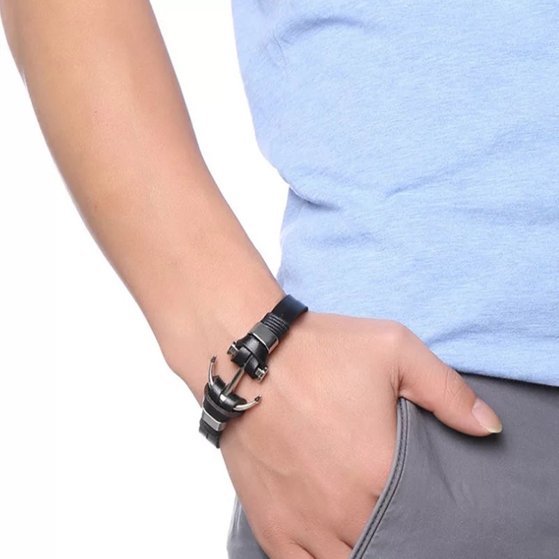 Unisex Silver-Plated Anchor Black Leather Bracelet image 2