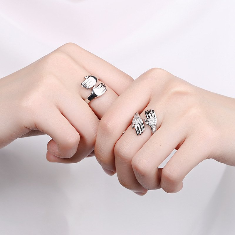 Sparkling Crystal Work Silver-Plated Hug Hands Combo Finger Ring image 3