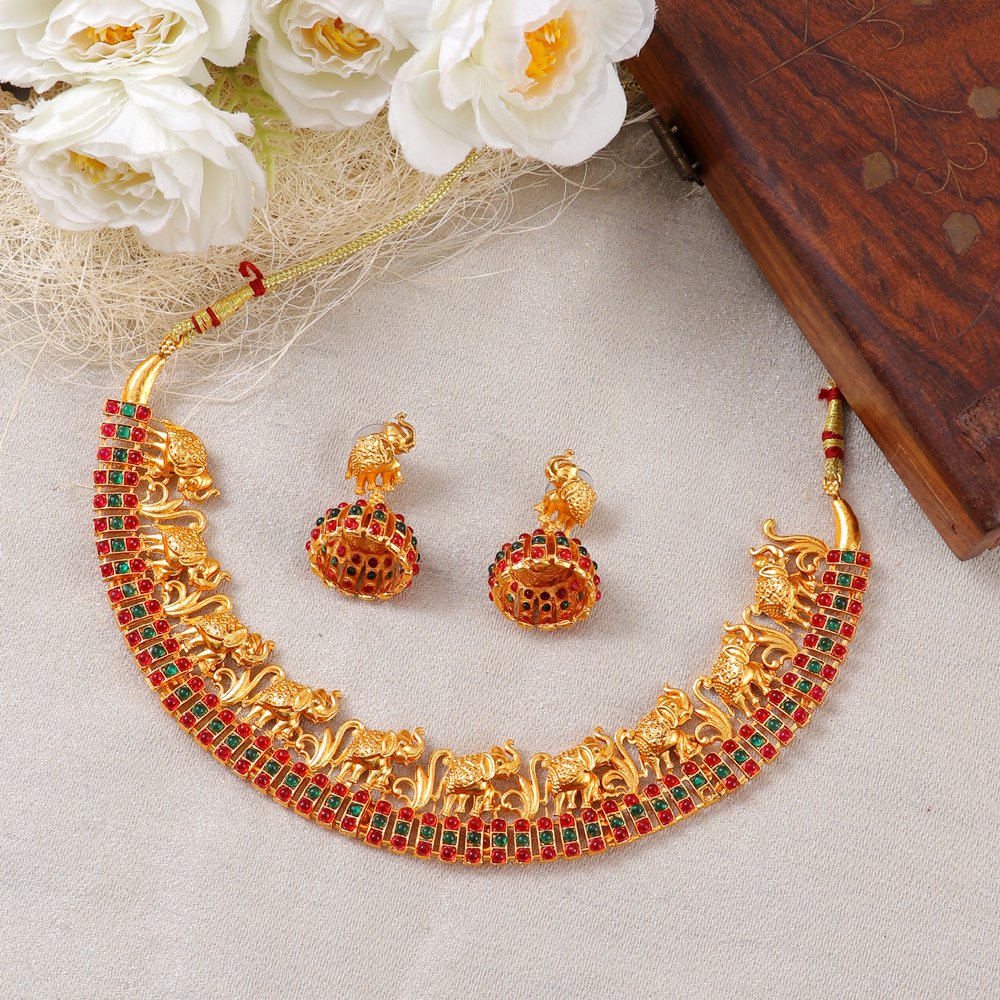 Gold-Plated Red & Green Stone Elephant Choker Jewellery Set image 2