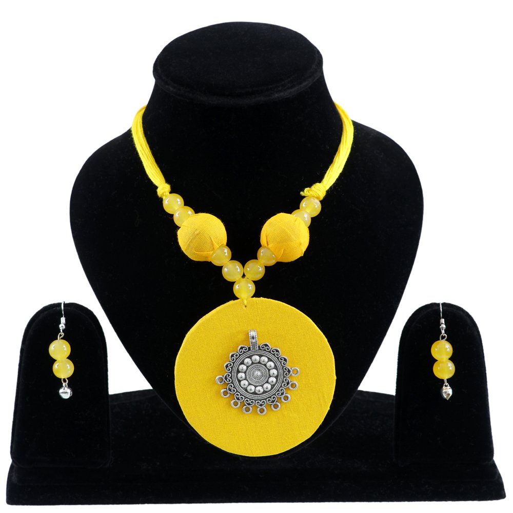 Blossoms Handmade Yellow Fabric Oxidised Silver Pendant Jewellery Set image 1