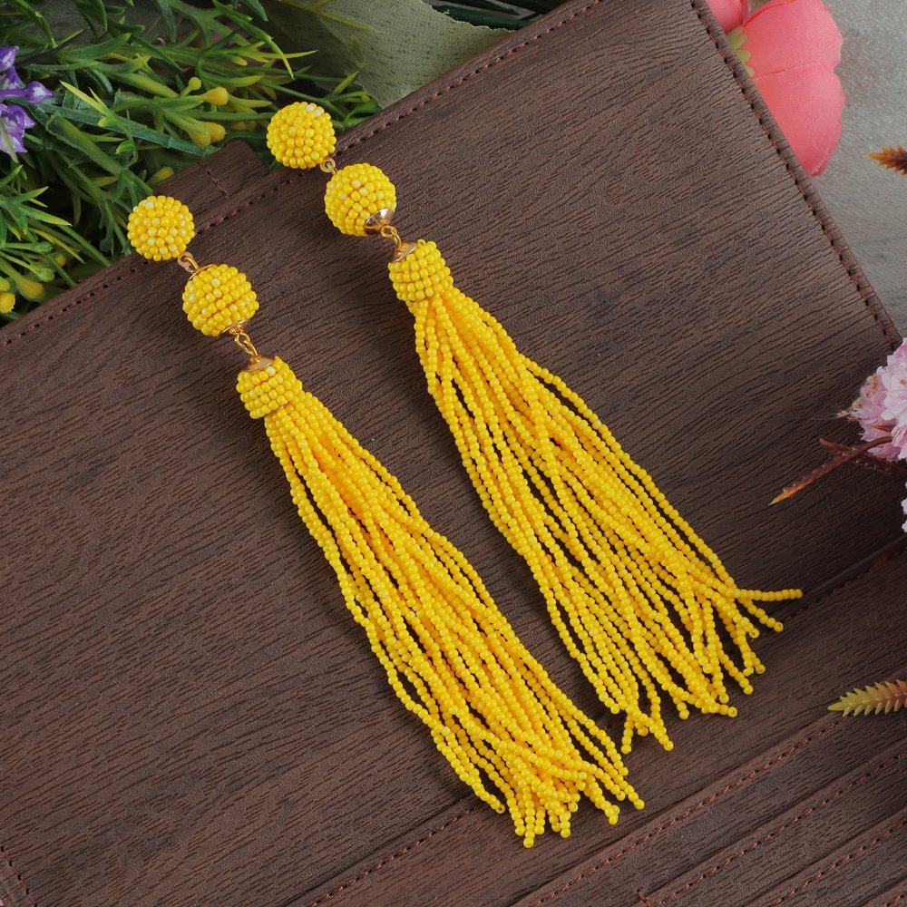 Yellow Beaded Tassel Earrings image 0