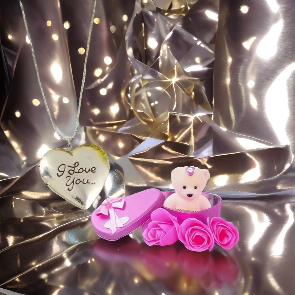 I Love Photo Frame Heart Pendant Chain & Pink Teddy Bear Combo Gift Set image 0