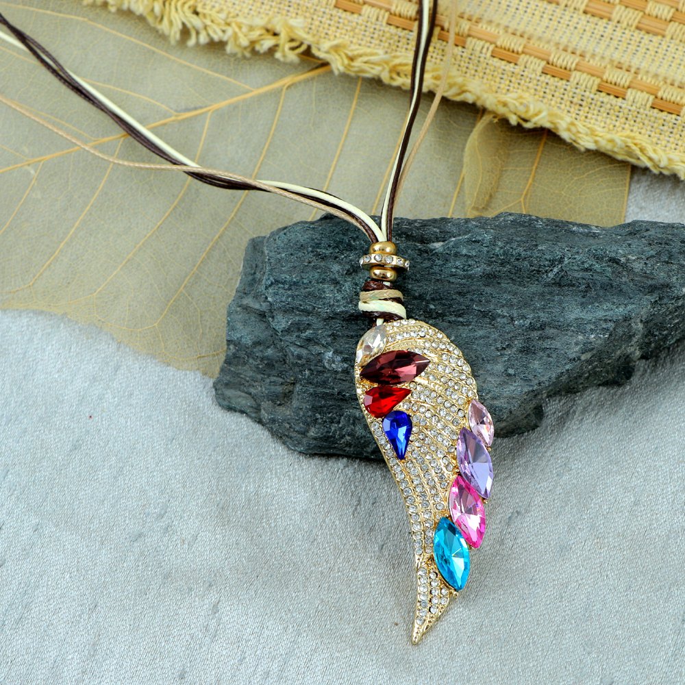 Gold-Plated Multicolor Stone Angel Wings Pendant Necklace image 2